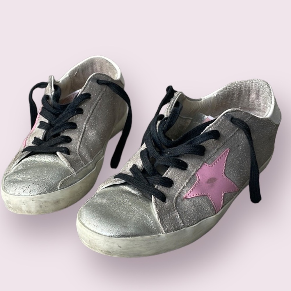 GGDB Golden Goose Super Star Silver Leather, Gray Suede and Pink Star Size 36